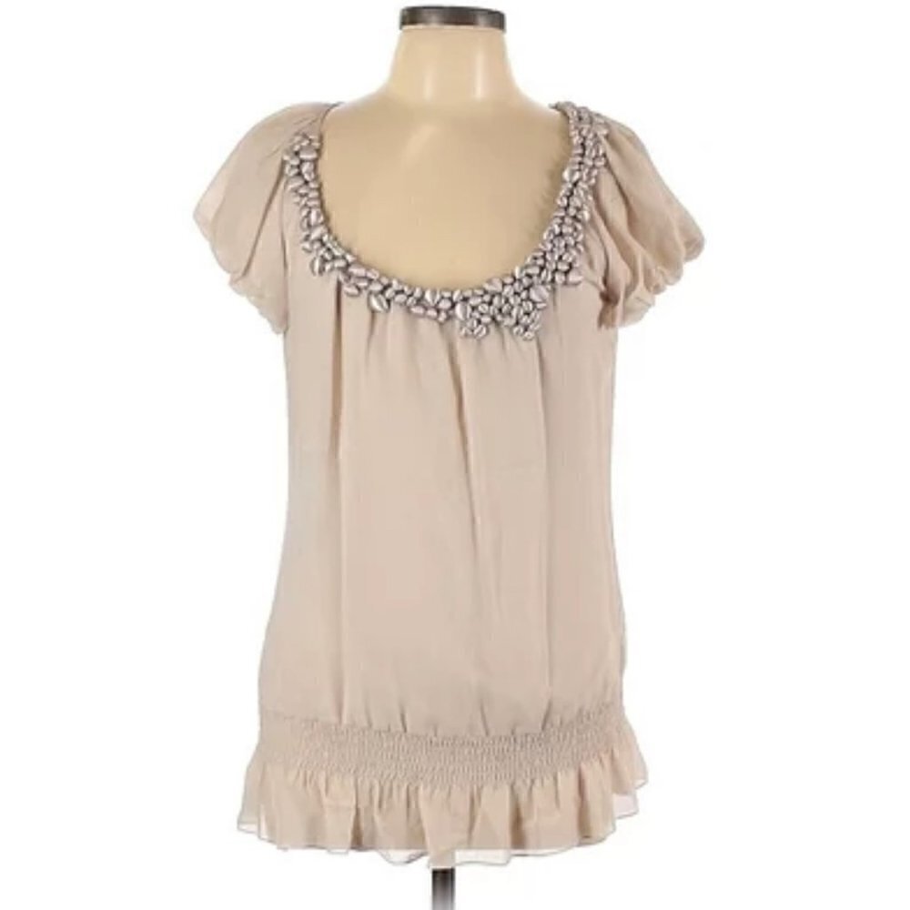 Ted Baker Silk Nude Pink Ruffle Puff Short Sleeve Semi Sheer Drop Waist Blouse